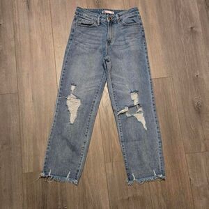 SO Light Wash Straight Leg High Rise Distressed Ripped Knee Mom Denim Jeans